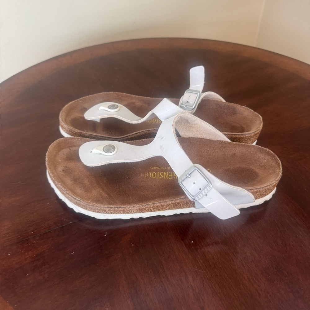 Birkenstock White Leather Toe-Post Sandals with Buckle